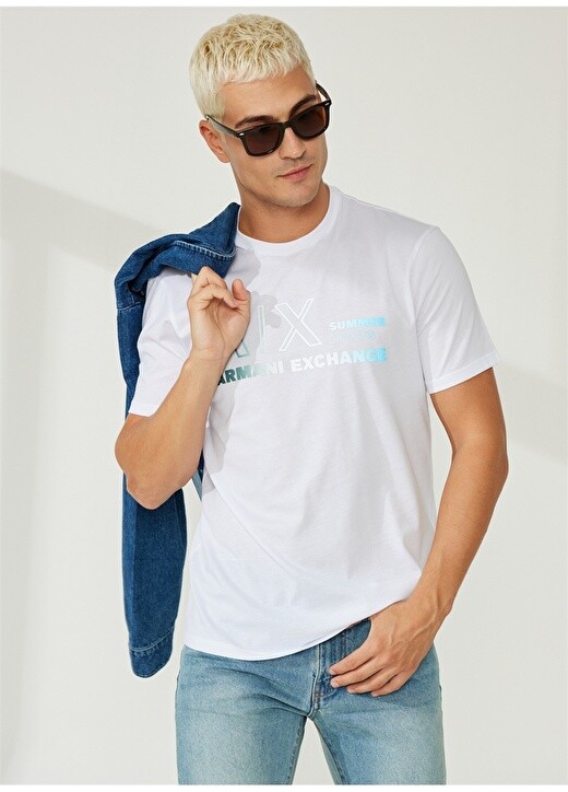 

Белая мужская футболка с круглым вырезом и принтом Armani Exchange, Белый