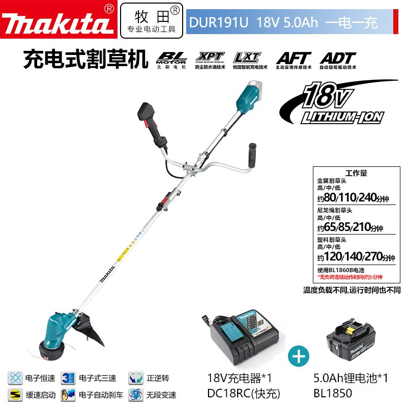 Makita DUR191U, бесщеточная литиевая аккумуляторная газонокосилка, кусторез, U-образная ручка, 18 В, 5,0 Ач, быстрая зарядка, одна мощность