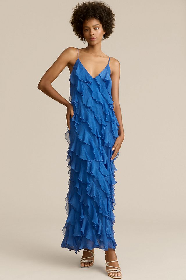 Платье Bhldn Jia с V-образным вырезом и рюшами косого выреза, синий платье v chapman charlotte gown цвет taupe duchess