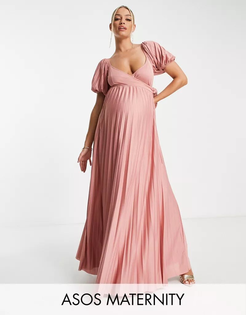 Розовое платье макси с запахом и пышными рукавами ASOS DESIGN Maternity