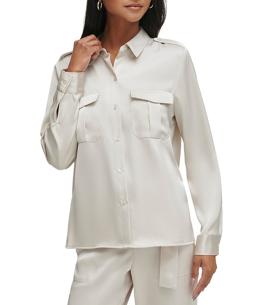 цена Атласная блузка с воротником на пуговицах Calvin Klein, бежевый