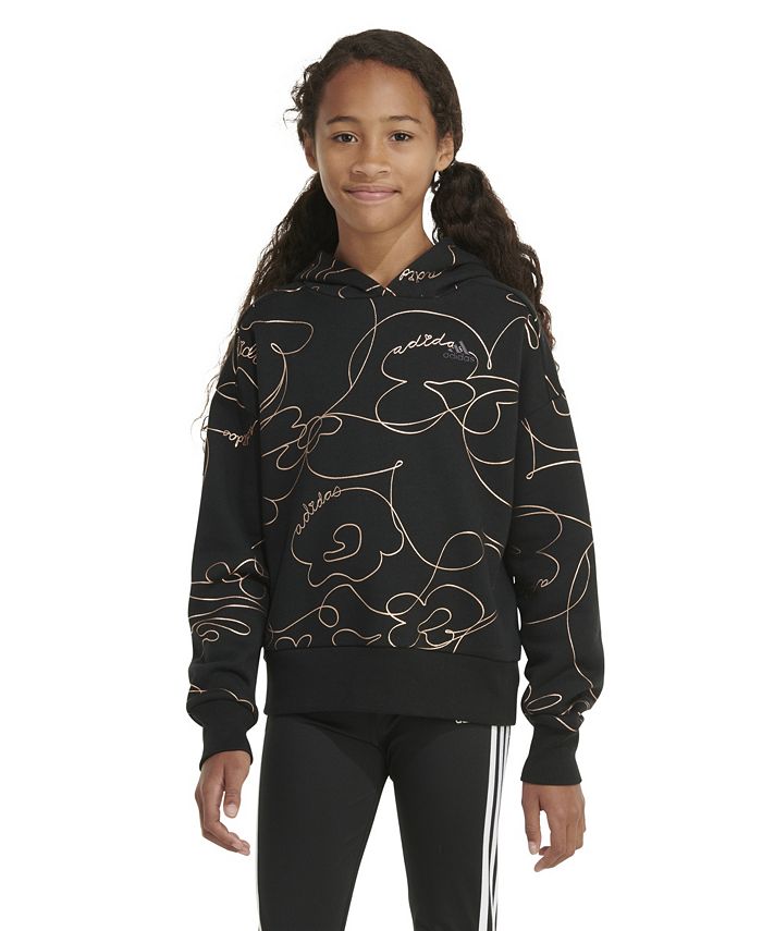 Пуловер с капюшоном и длинными рукавами для больших девочек с принтом и надписью adidas, черный толстовки для девочек подростков повседневный однотонный пуловер с капюшоном и карманами и длинными рукавами свитшот корейская версия с