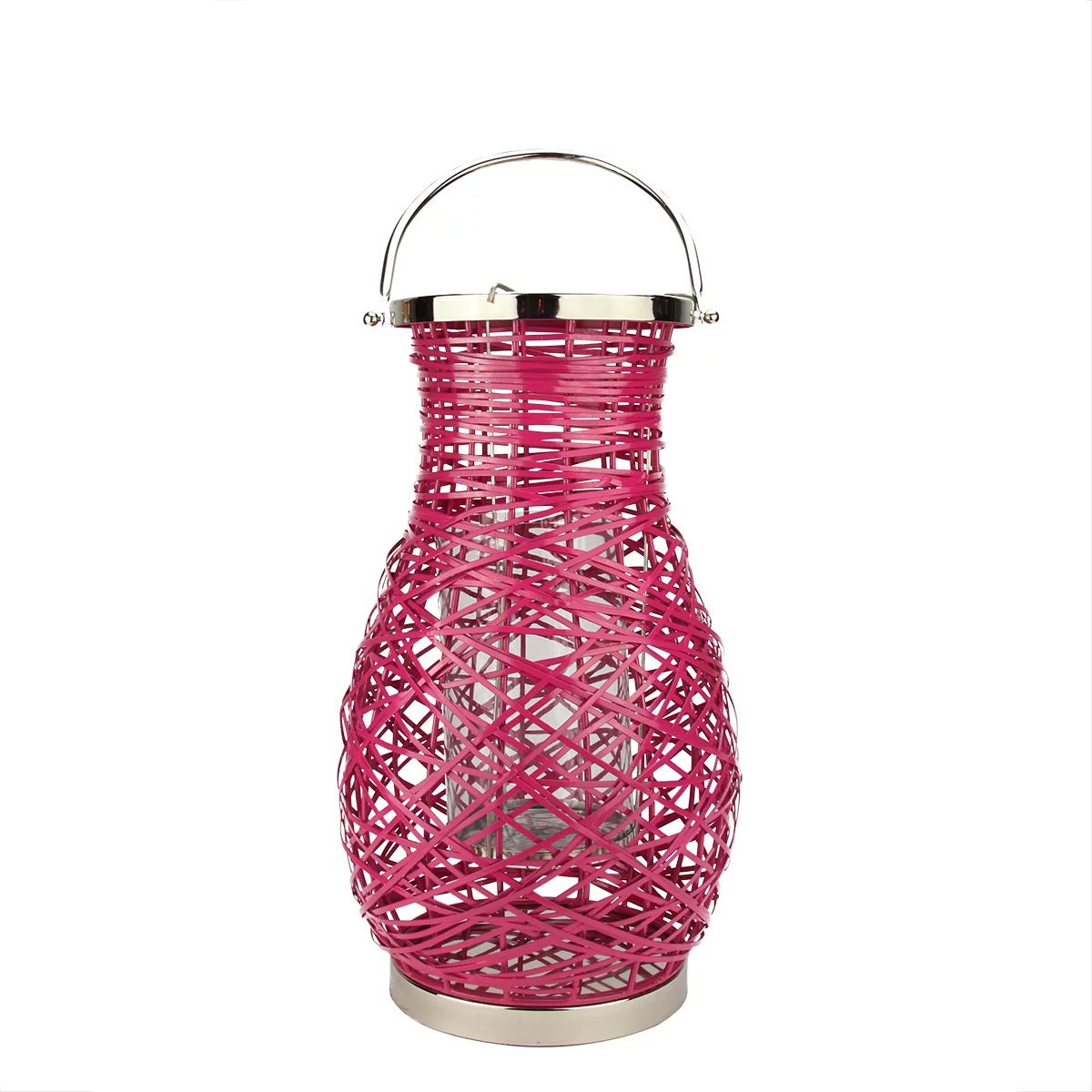 18,5-дюймовый современный декоративный фонарь со свечой на железной колонне цвета фуксии розового цвета со стеклянным ураганом