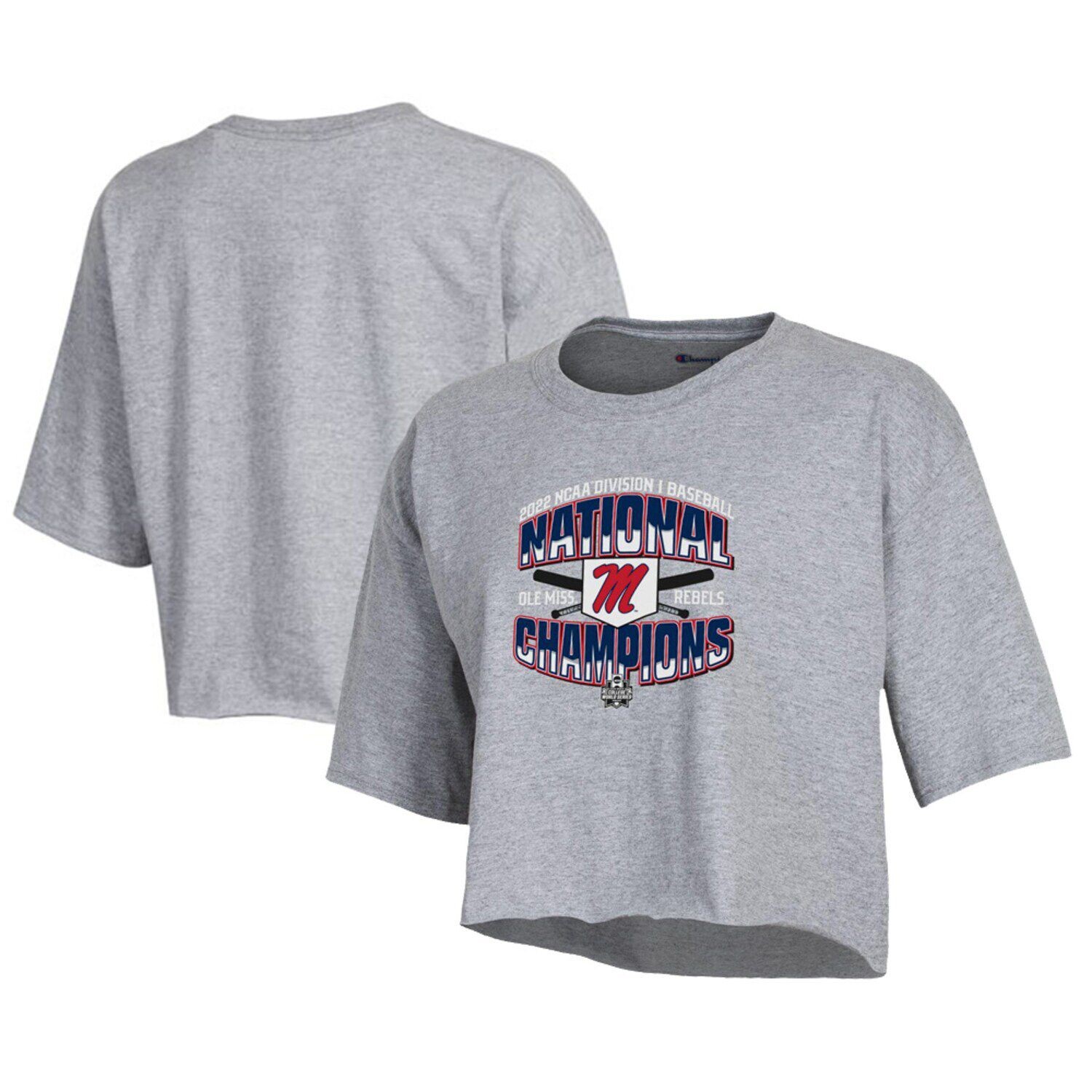 

Женская укороченная футболка Champions Heathered Grey Ole Miss Rebels 2022 NCAA NCAA World Series Champions в раздевалке Champion
