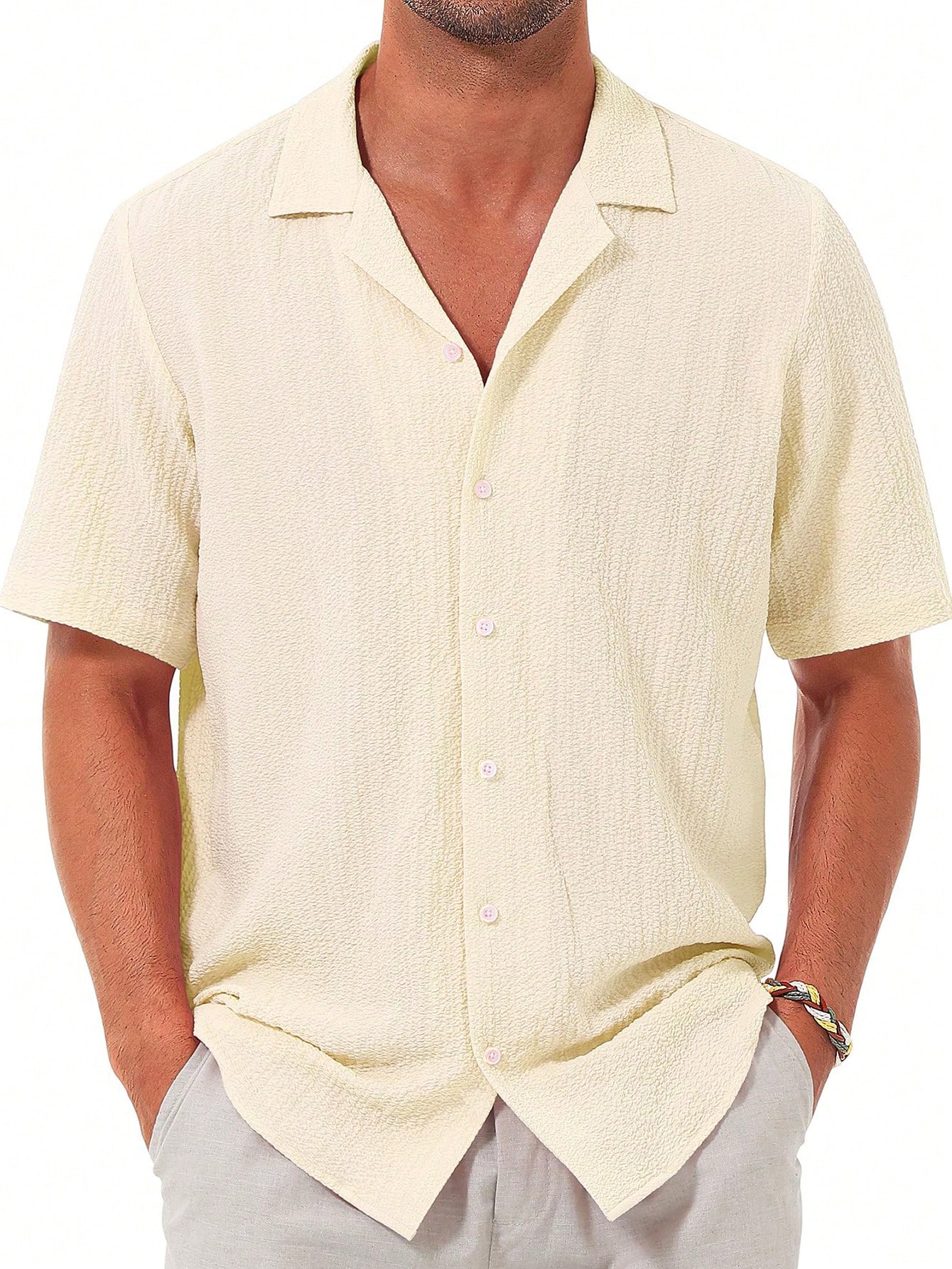 Мужская повседневная рубашка с коротким рукавом на пуговицах, бежевый махровая пляжная рубашка h