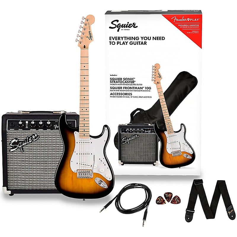 Электрогитара Squier Sonic Stratocaster Electric Guitar Pack with Fender Frontman 10G Amp 2-Color Sunburst