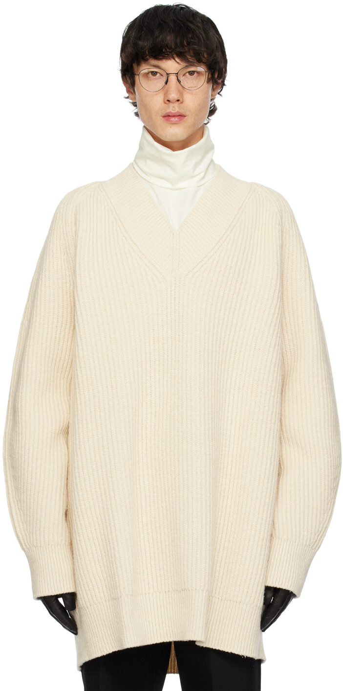 

Бело-белый свитер с v-образным вырезом Jil Sander