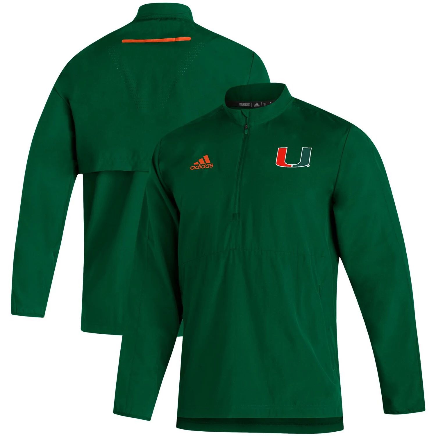 Мужская зеленая куртка Miami Hurricanes 2021 Sideline AEROREADY с молнией на четверть adidas