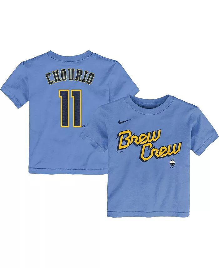 

Футболка с изображением имени игрока и номера для дошкольников Jackson Chourio Powder Blue Milwaukee Brewers City Connect Nike, синий