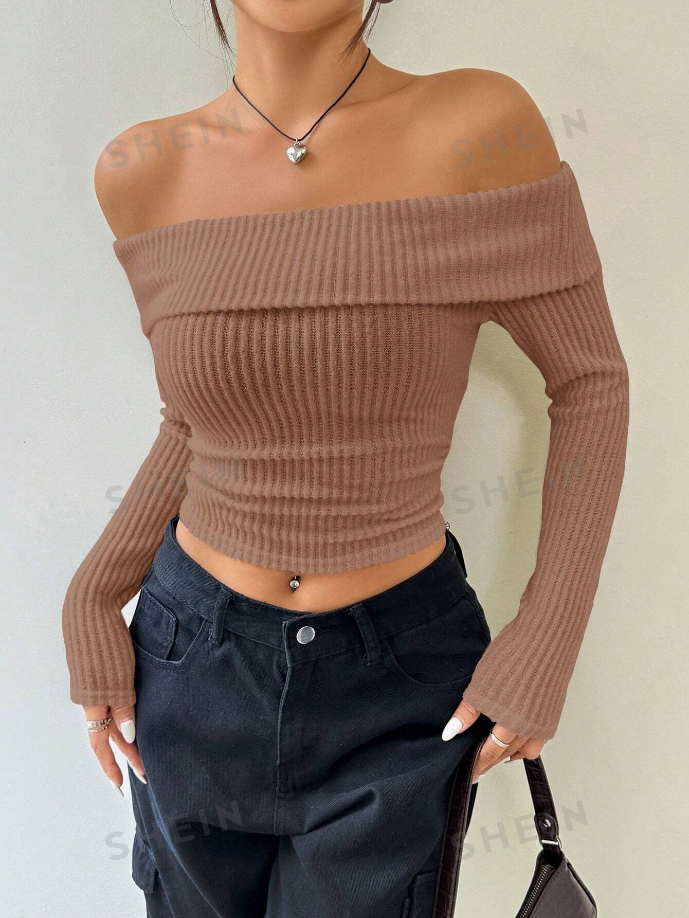 цена SHEIN EZwear Женская однотонная укороченная футболка с открытыми плечами и открытыми плечами, кофейный коричневый