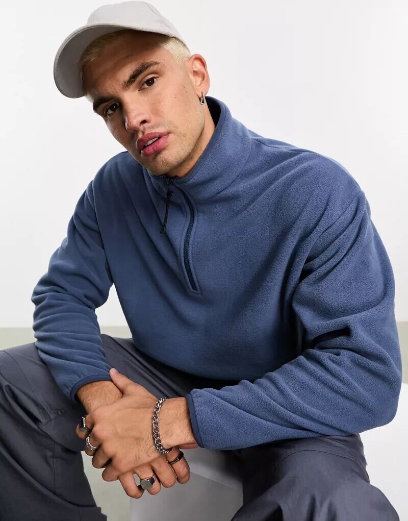 

Темно-синий свободный флисовый свитшот с половиной молнии ASOS
