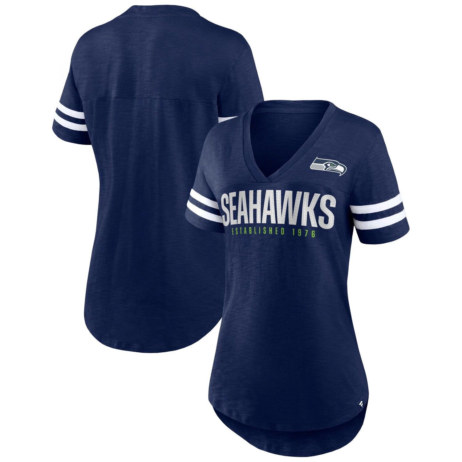 

Женская футболка с v-образным вырезом и фирменным логотипом Fanatics College Seattle Seahawks, проверенная на скорость Fanatics