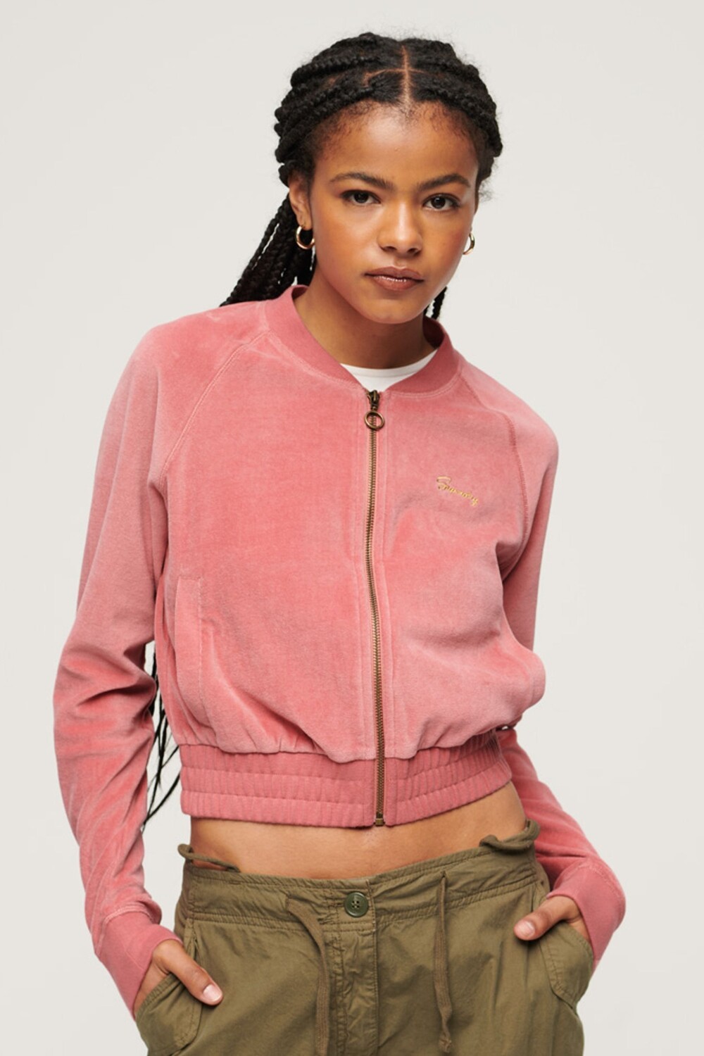 

Бархатный топ Superdry с вышивкой и застежкой-молнией Superdry, розовый