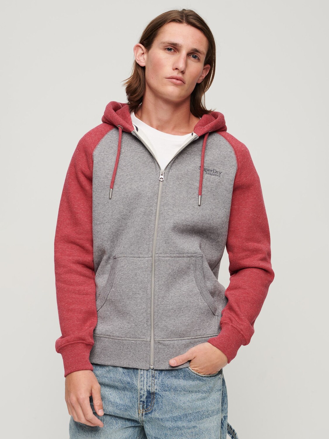 

Толстовка Essential Baseball на молнии Superdry, серый с крапинками/ягодно-красный