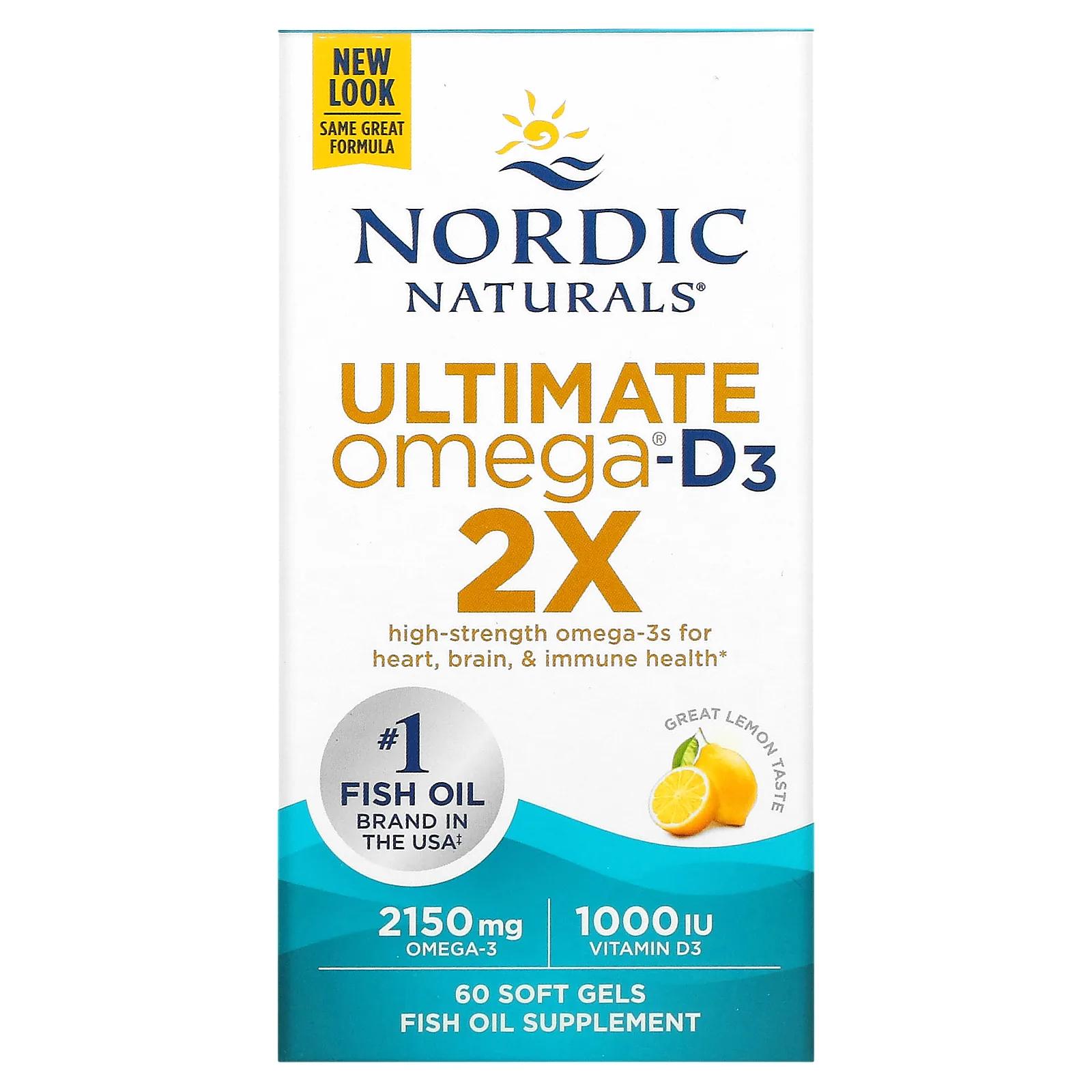 Nordic Naturals Ultimate Omega 2X с витамином D3 вкус лимона 60 мягких капсул