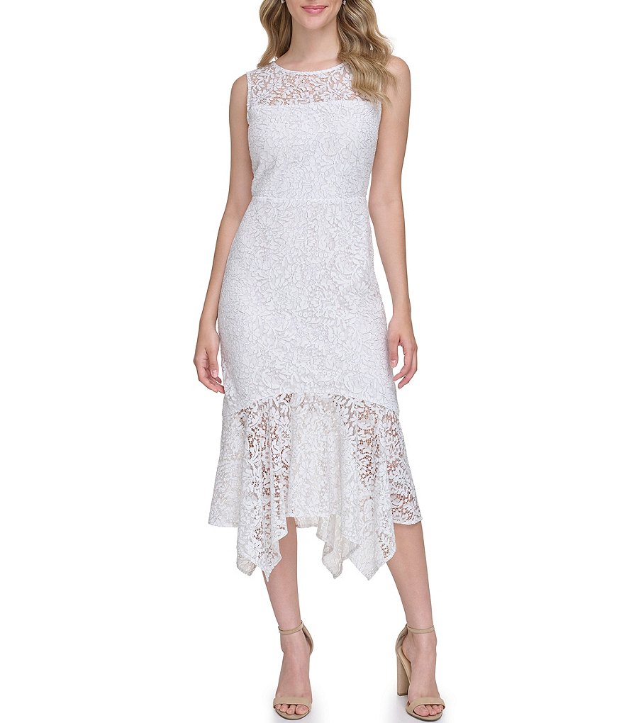 Платье Kensie из кружева с цветочным принтом и круглым вырезом, без рукавов, с платком и подолом, белый