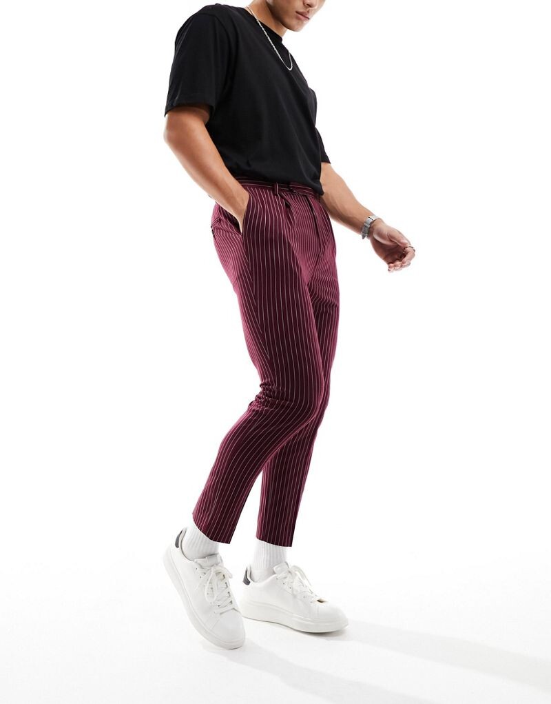 

Бордовые элегантные брюки зауженного кроя в полоску ASOS DESIGN