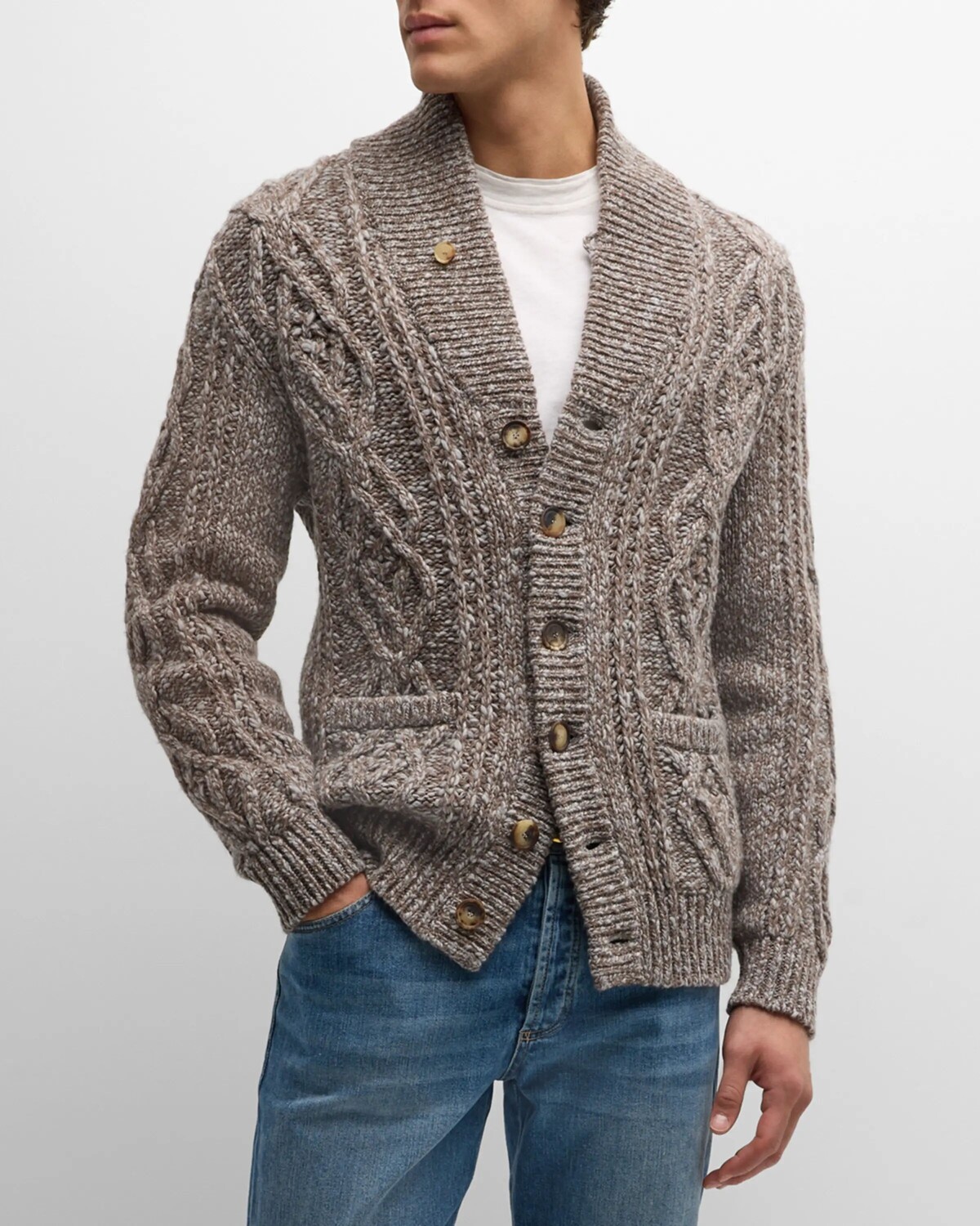 

Мужской кардиган косой вязки из шерсти и кашемира Brunello Cucinelli, цвет Brown