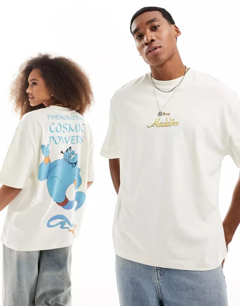 

Бежевая футболка унисекс с изображением джинна Аладдина ASOS Disney, унисекс крой, Белый