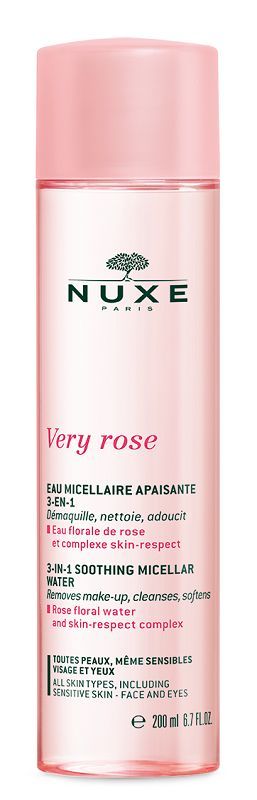 Nuxe Very Rose 3in1 мицеллярная вода, 200 ml nuxe вода very rose увлажняющая мицеллярная для лица и глаз 3в1 200 мл