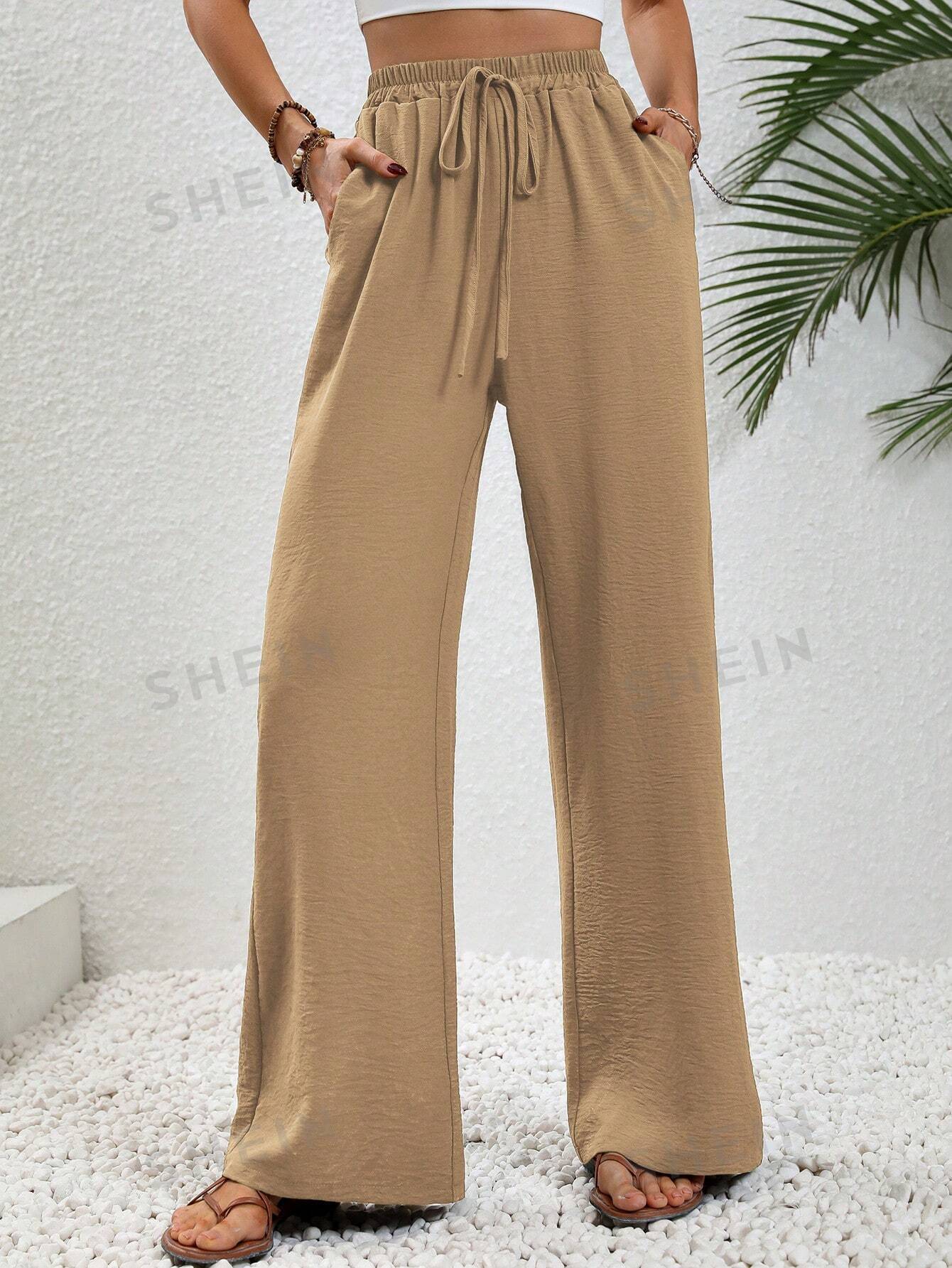 цена SHEIN LUNE женские однотонные длинные брюки с завышенной талией и завязками на талии и карманами, хаки