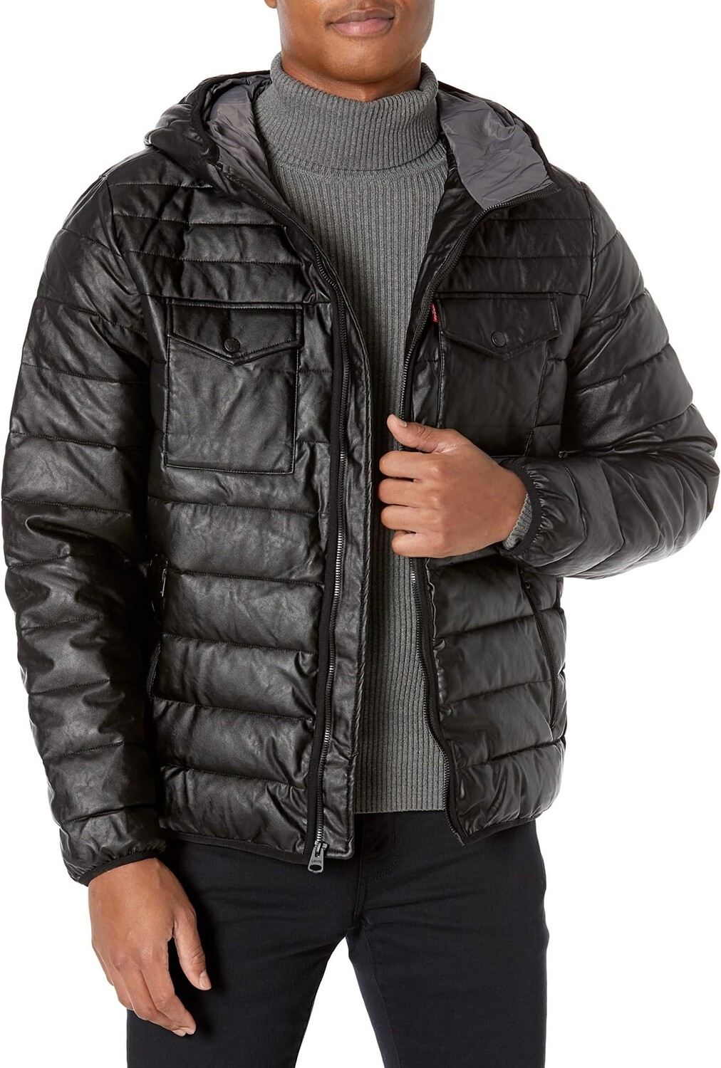

Толстовка Quilted Faux Leather Two-Pocket Hoodie Levi's, черный
