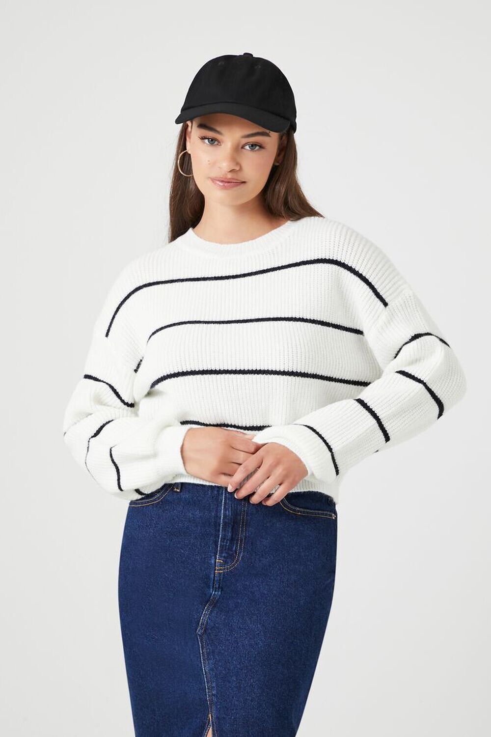 

Полосатый свитер рельефной вязки Forever 21, белый