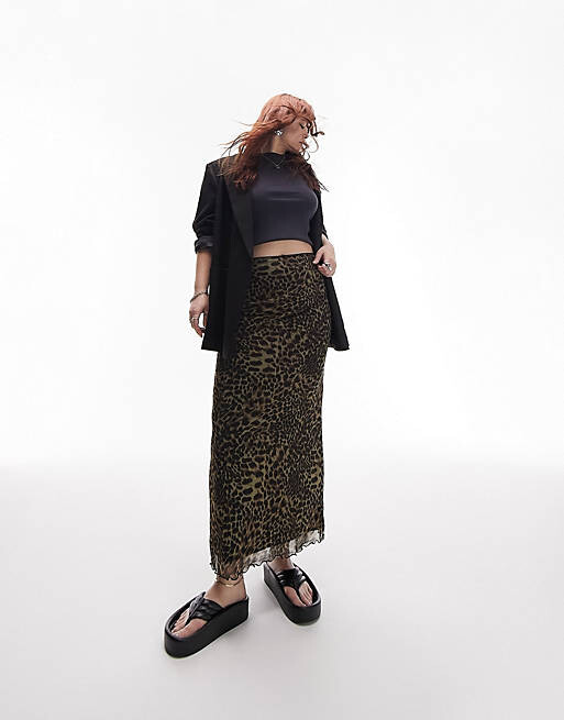 

Коричневая сетчатая юбка миди с животным принтом Topshop Curve