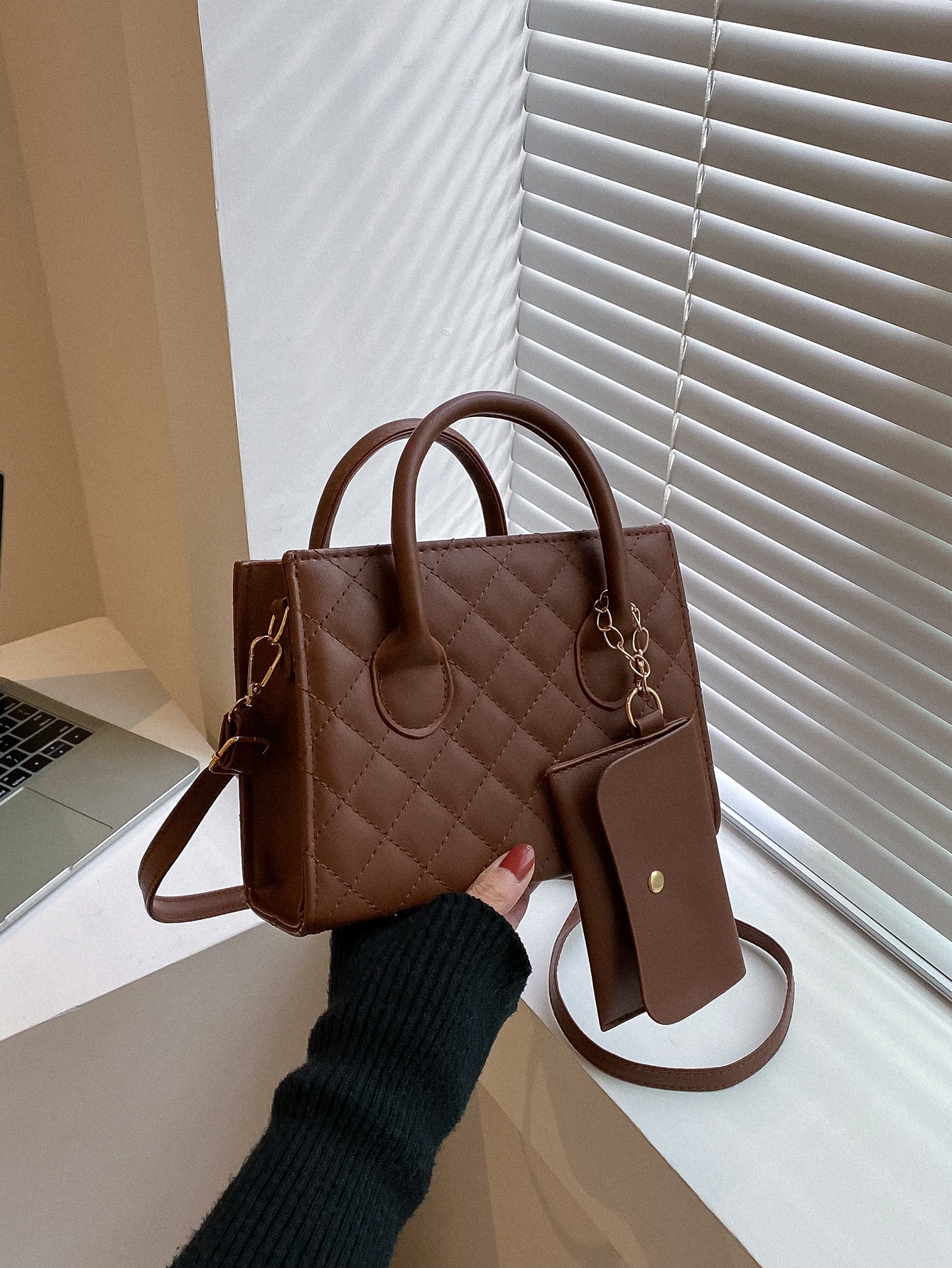 Легкая деловая повседневная стеганая квадратная сумка с портмоне для девочек-подростков, шоколадно-коричневый