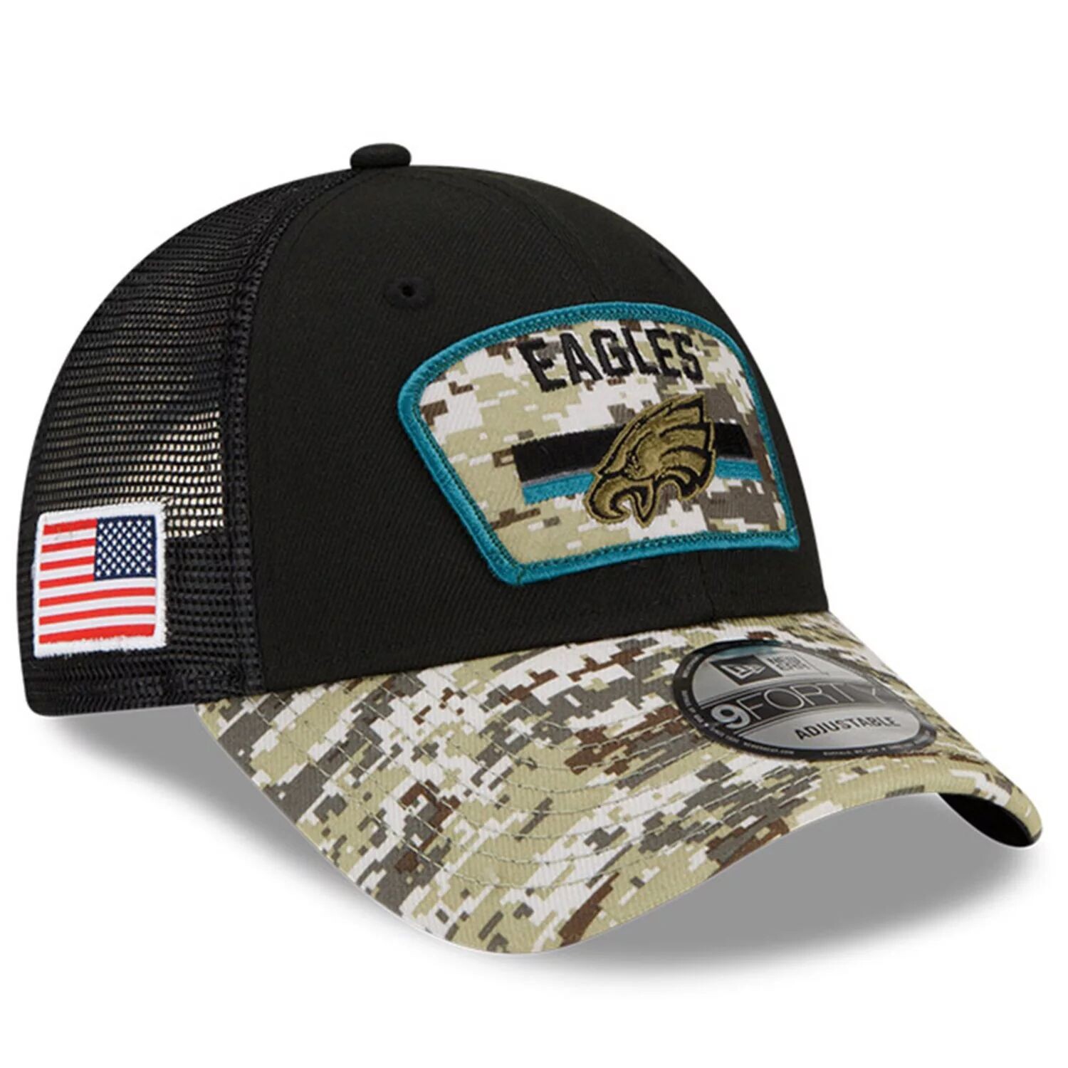 

Мужская регулируемая кепка New Era Black/Camo Philadelphia Eagles 2021 Salute To Service Trucker 9FORTY Snapback