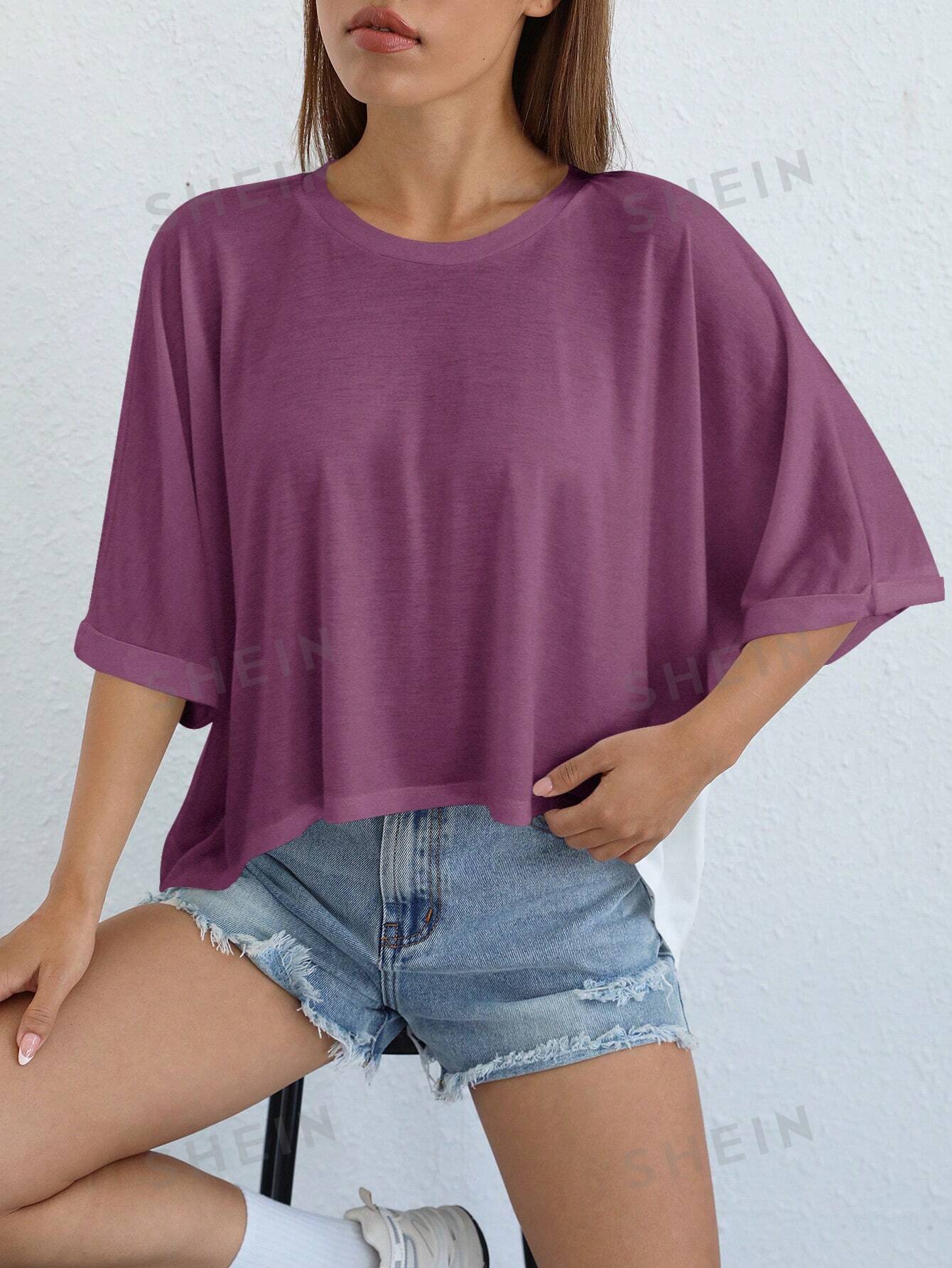 SHEIN EZwear Трикотажная футболка с короткими рукавами и неровным краем, фиолетовый