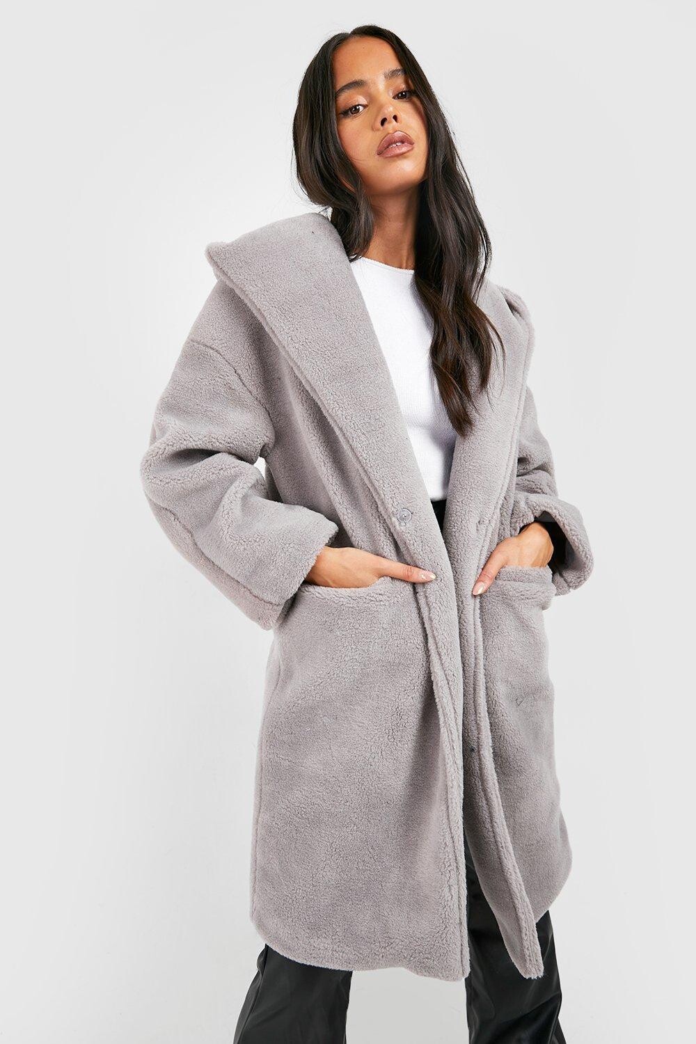 

Пальто тедди с капюшоном petite оверсайз Boohoo, серый