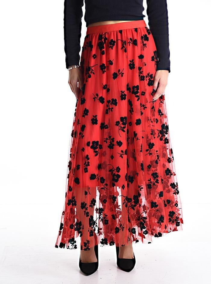 

Длинная юбка из тюля с цветочным принтом на резинке, красный