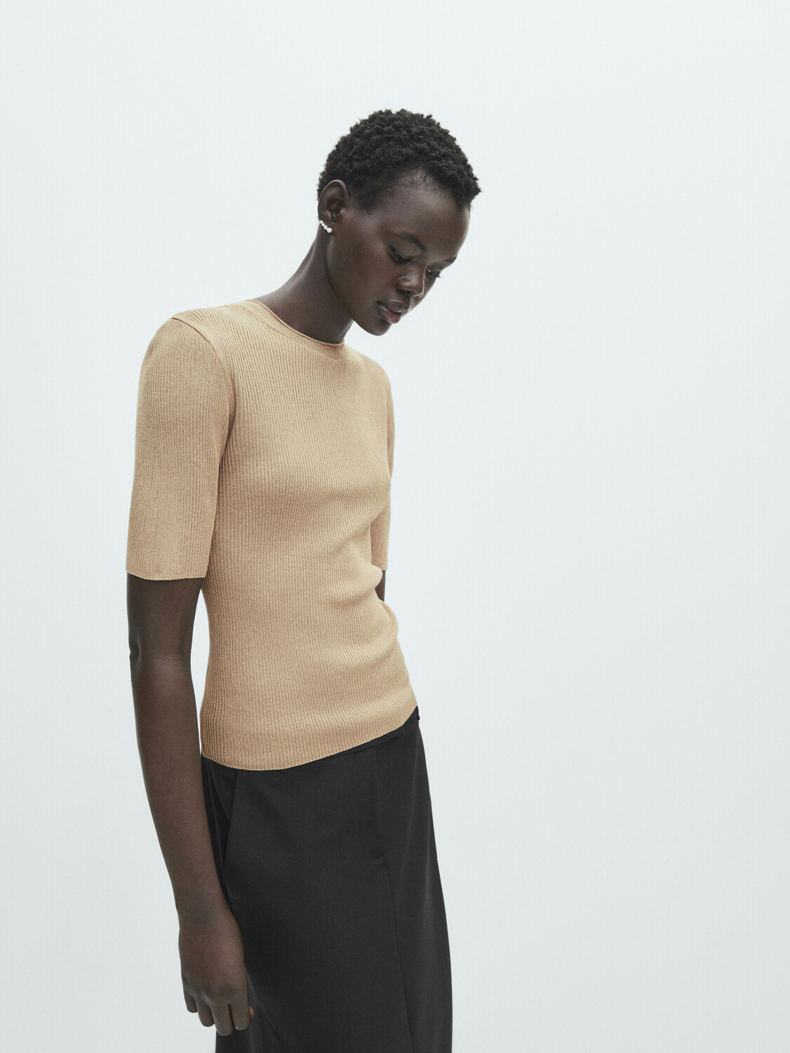 

Футболка с короткими рукавами в ребрующую ребку Massimo Dutti, золотой, Желтый