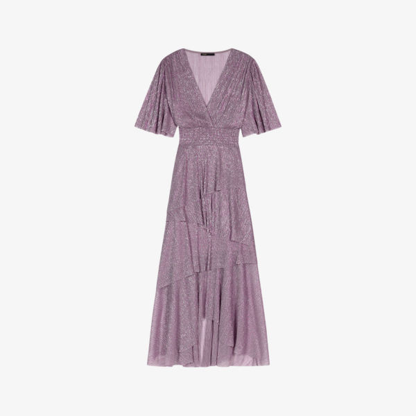 Плиссированное платье макси с v-образным вырезом, украшенным оборками Maje, цвет violets