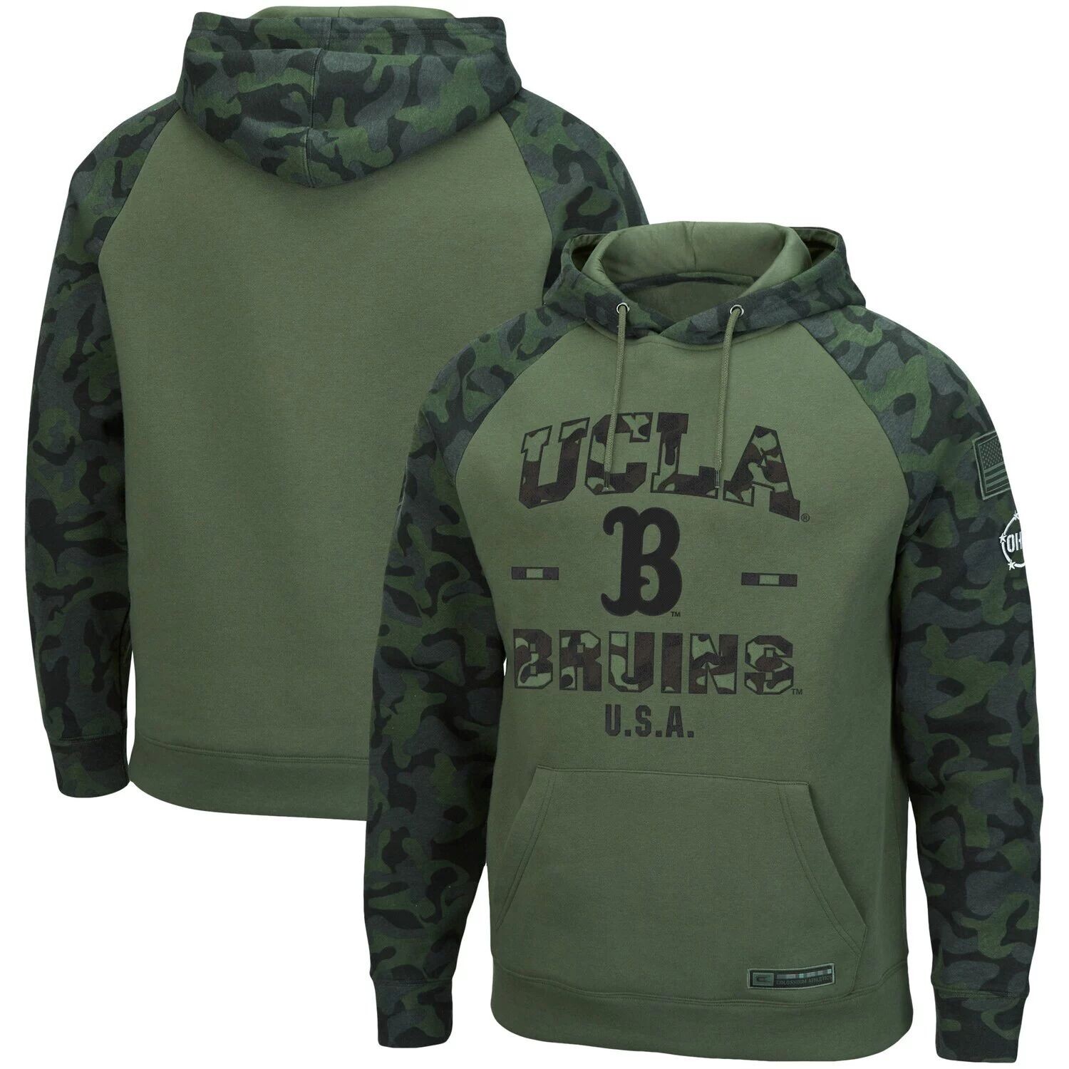 

Мужская толстовка с капюшоном Colosseum оливкового цвета/камуфляжа UCLA Bruins OHT Military Appreciation реглан