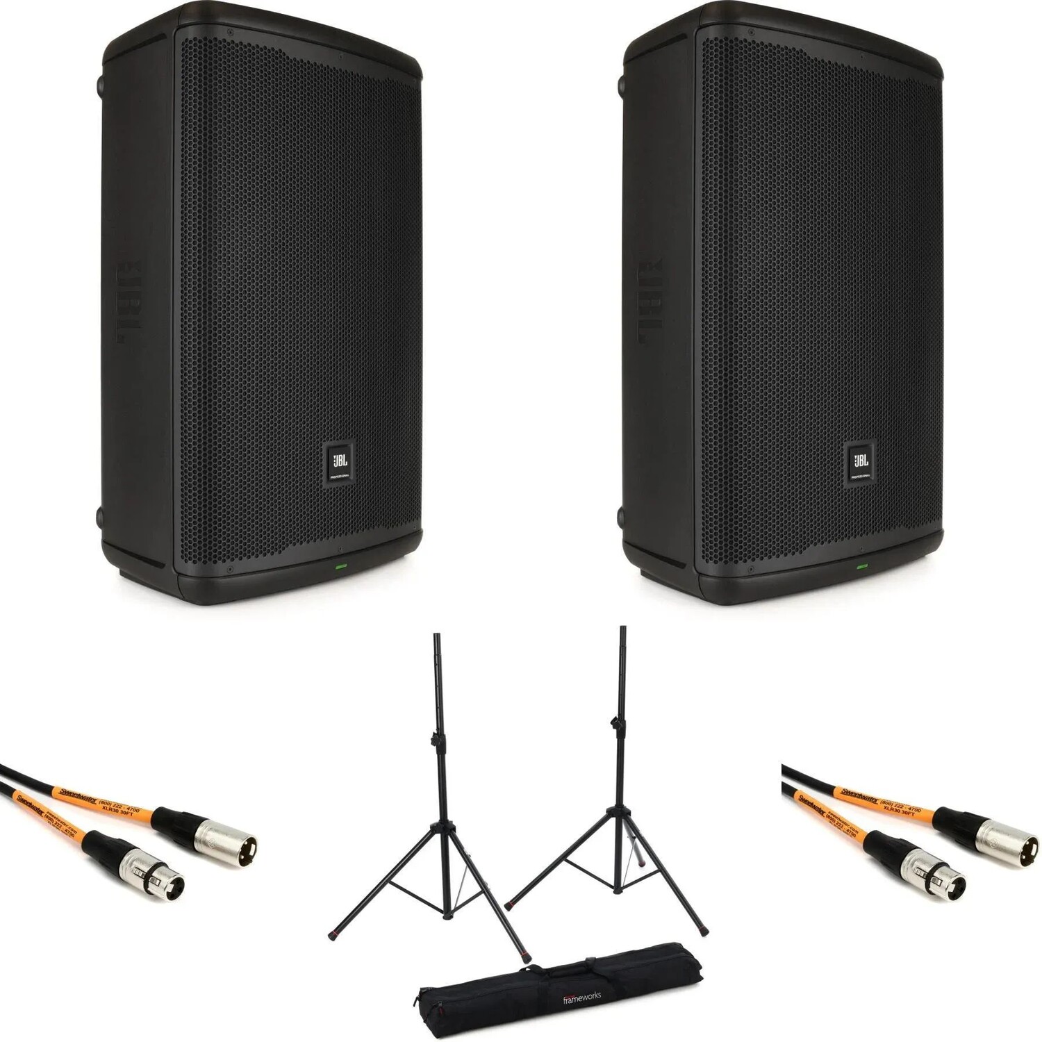 

Пара динамиков JBL EON715 с подставками и кабелем