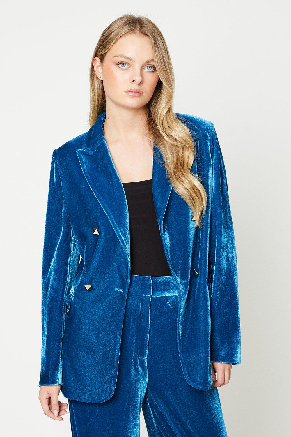 Однобортный бархатный двубортный пиджак Oasis, синий цена и фото