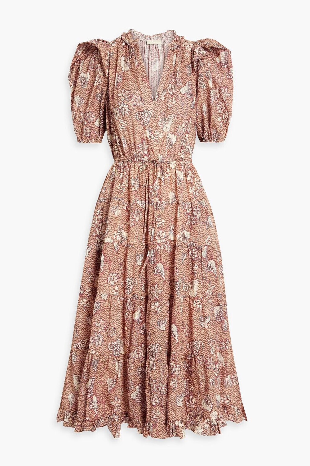 

Платье миди Ava из смесового хлопка с принтом и сборками Ulla Johnson, песок