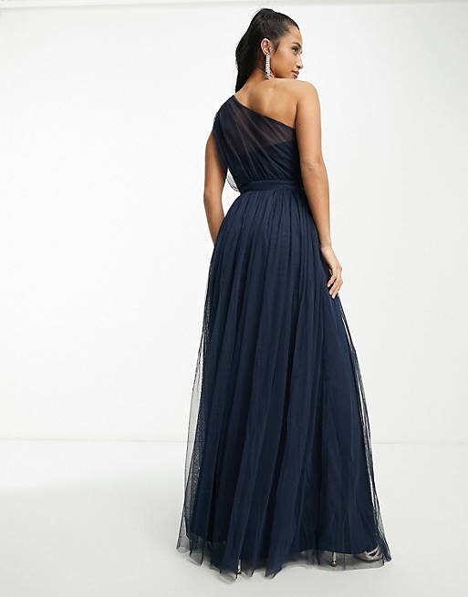 

Темно-синее платье макси на одно плечо из тюля Anaya Petite Bridesmaid, Синий