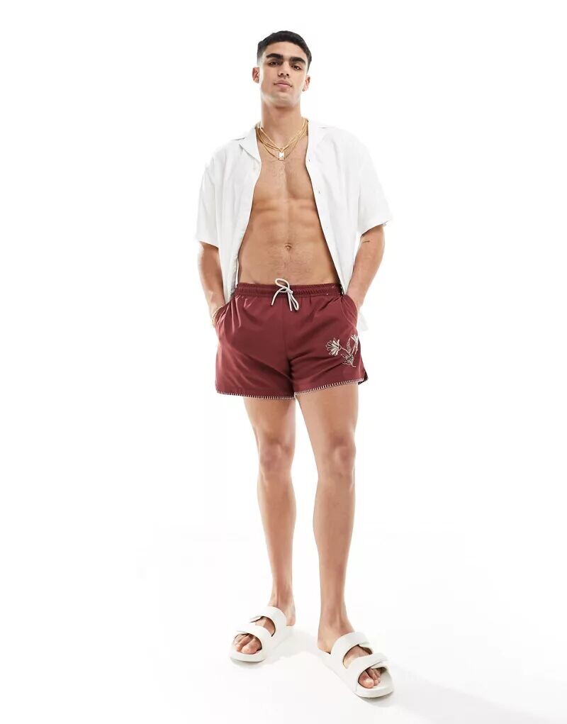 

Бордовые шорты для плавания без застежки Abercrombie & Fitch с вышивкой, внутренний шов 5 дюймов