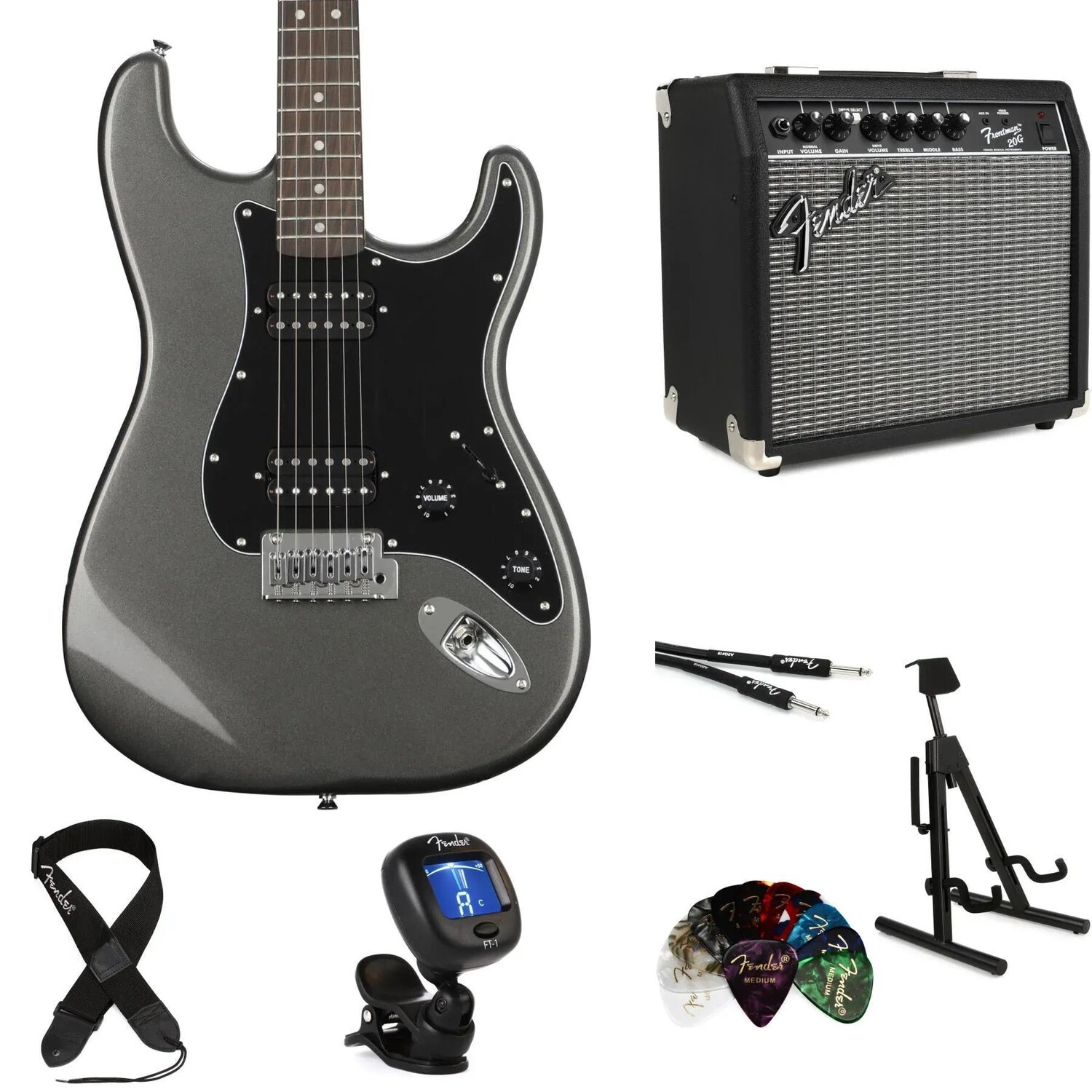 

Электрогитара Stratocaster серии Squier Affinity и комплект усилителей Fender Frontman 20G Essentials — угольный морозный металлик с накладкой на гриф Laurel