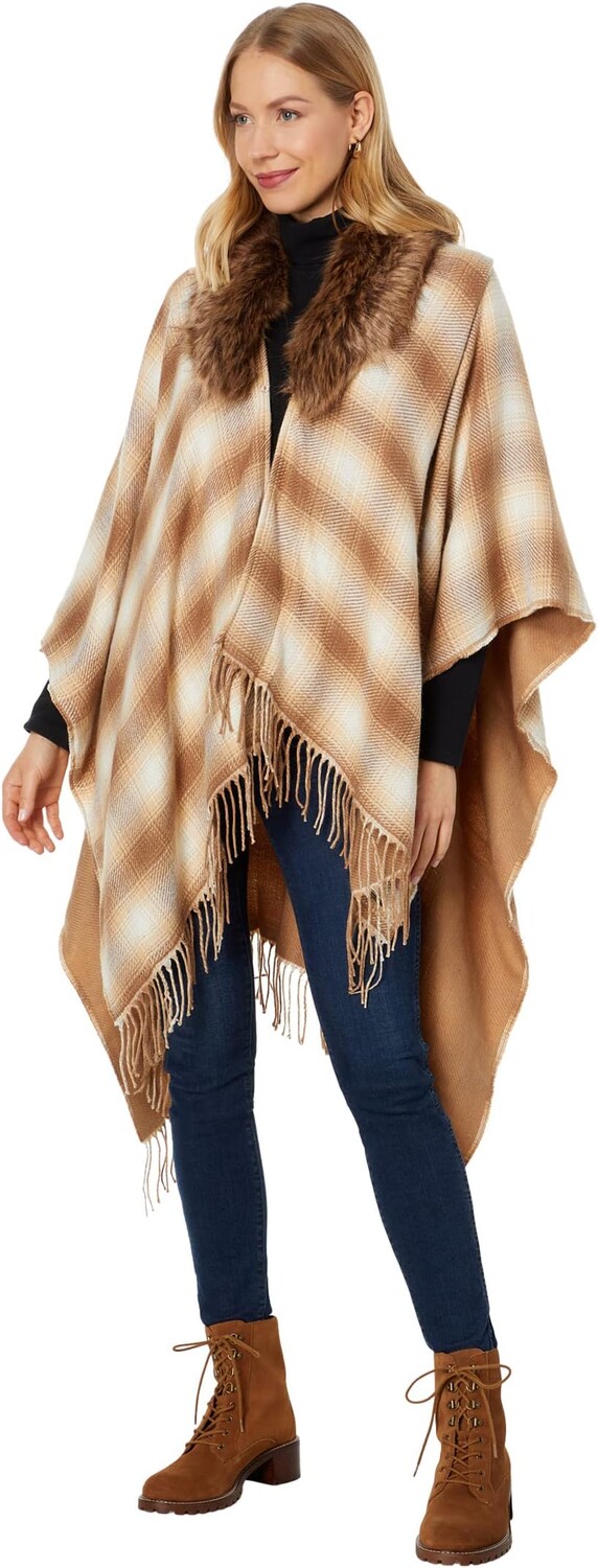 

Кимоно Reversible Plaid Ruana with Faux Fur Collar LAUREN Ralph Lauren, цвет Camel/Cream