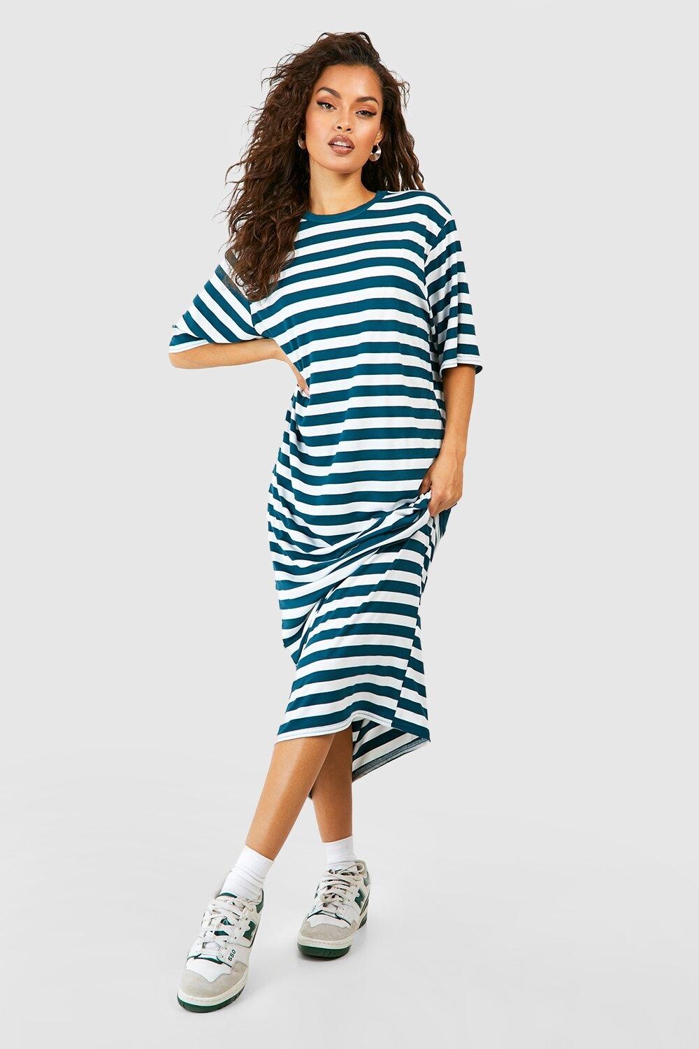 

Платье макси-футболка в полоску оверсайз Boohoo, синий