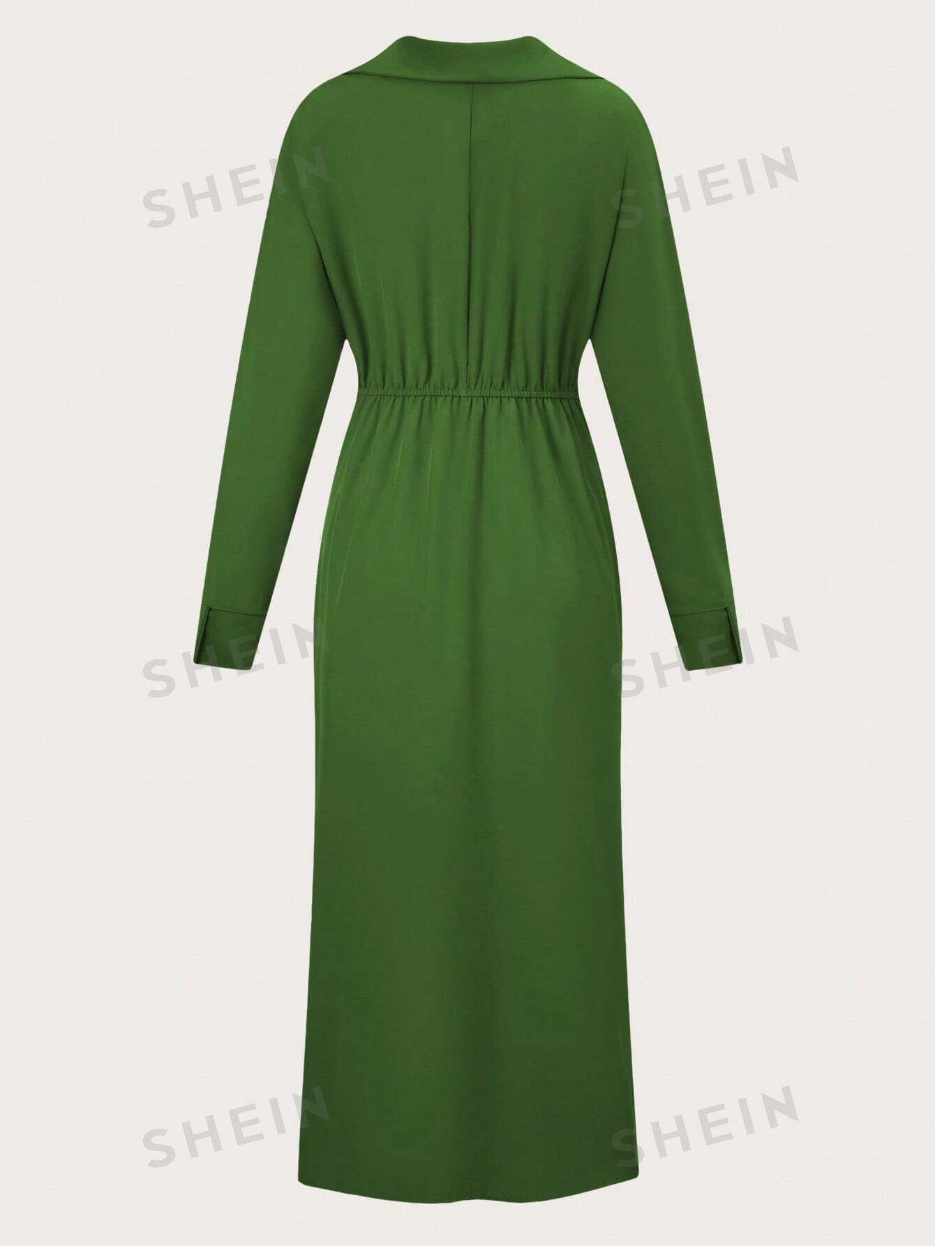 цена SHEIN Privé Однотонное платье макси с v-образным вырезом, армейский зеленый