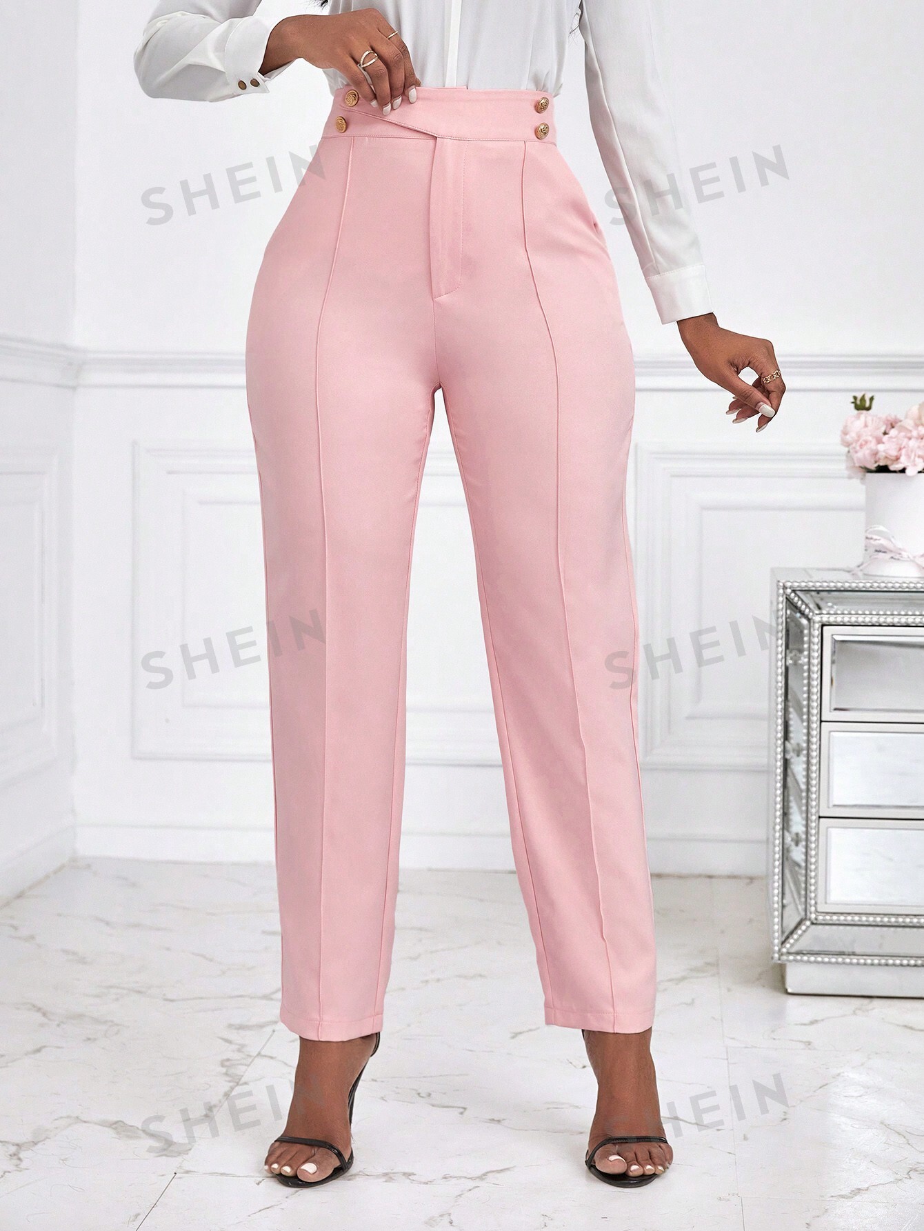 цена SHEIN Lady Женские зауженные брюки с завышенной талией, розовый