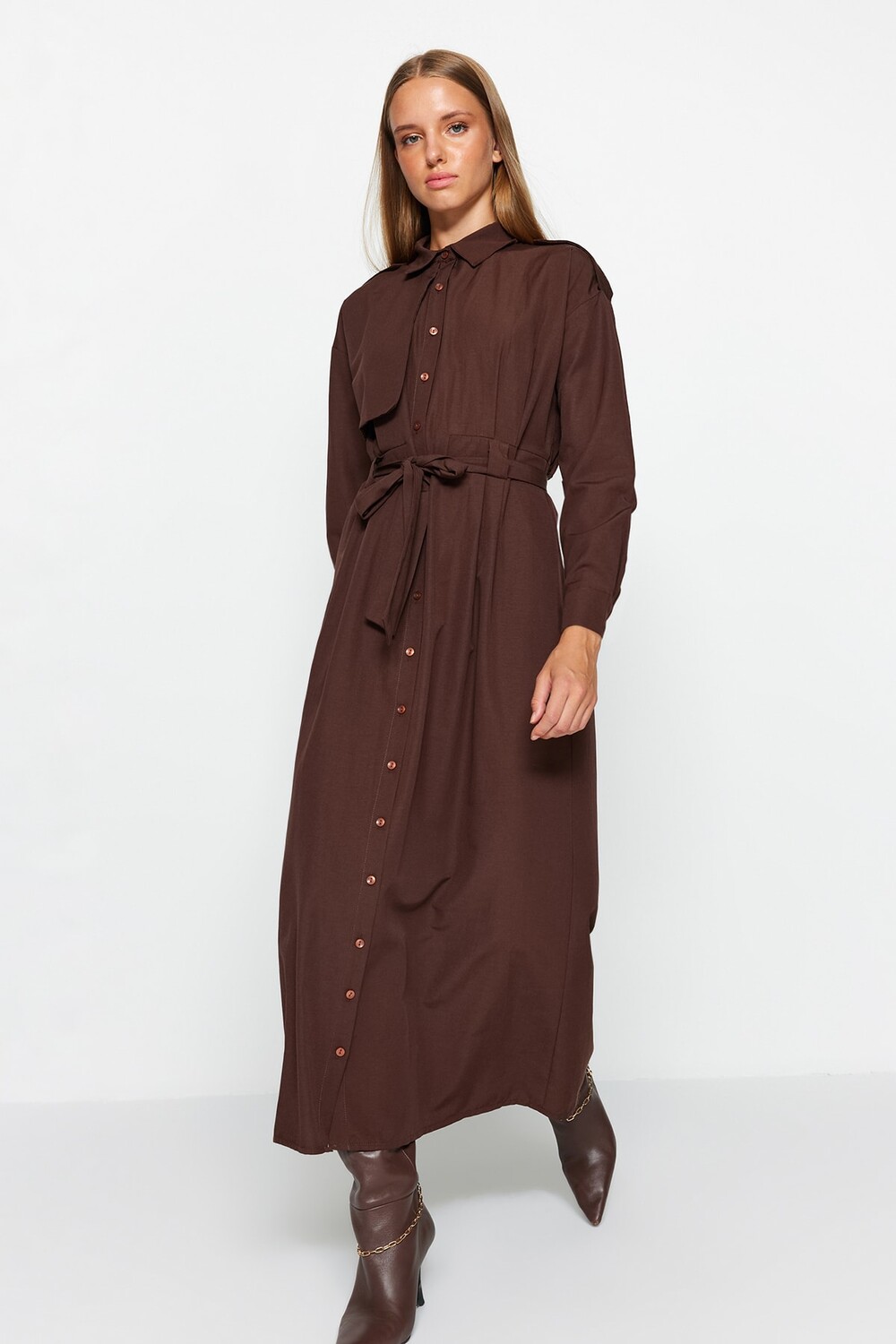 

Платье - Коричневое - Платье-рубашка Trendyol Modest, коричневый