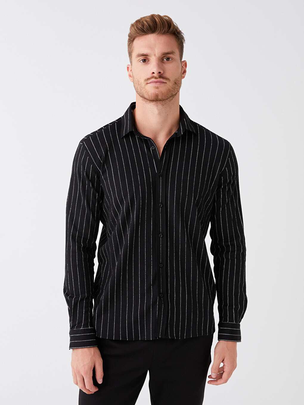 

Мужская полосатая рубашка Slim Fit с длинным рукавом LCW Vision, новый черный