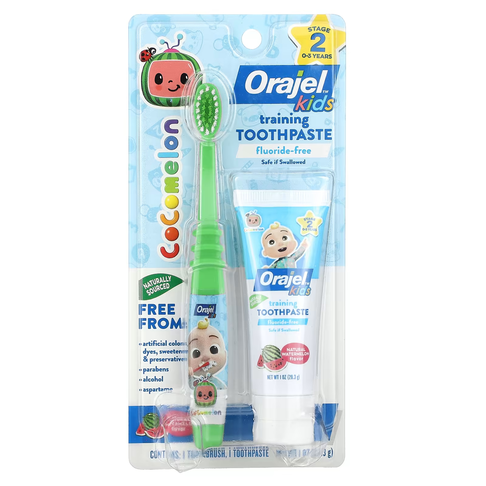 цена Детская обучающая зубная паста Orajel Cocomelon с зубной щеткой, без фтора, арбуз, 28,3 гр.