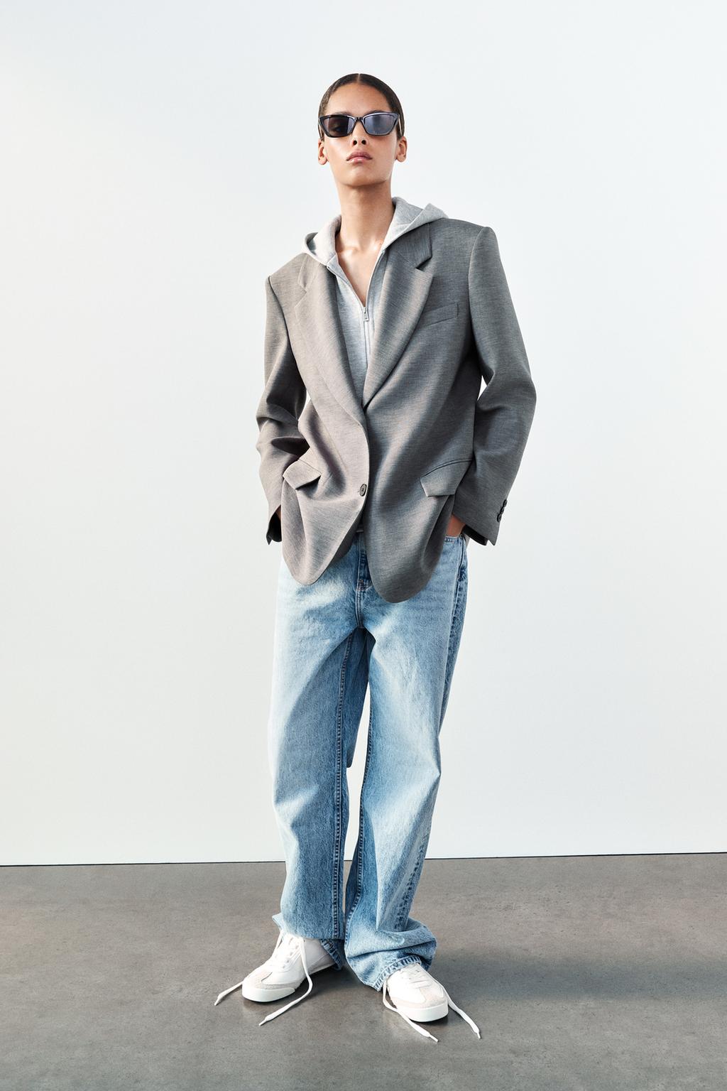Комбинированный пиджак с капюшоном ZARA, серый пиджак zara серый